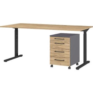 2-tlg. Büromöbelset Profi 2.0, Schreibtisch, mechanisch höheneinstellbar, inkl. Rollcontainer mit 4 Schubladen, schwarz/graphit/Eiche 2-tlg. Büromöbelset Profi 2.0, Schreibtisch, mechanisch höheneinstellbar, inkl. Rollcontainer mit 4 Schubladen, schwarz/graphit/Eiche