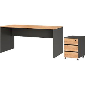 3-tlg. Büromöbelset Boston, 1 Wangenschreibtisch, B 1580 x T 790 mm, 1 Rollcontainer, B 410 x T 500 x H 600 mm, anthrazit/Navarra-Eiche 3-tlg. Büromöbelset Boston, 1 Wangenschreibtisch, B 1580 x T 790 mm, 1 Rollcontainer, B 410 x T 500 x H 600 mm, anthrazit/Navarra-Eiche