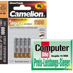 4 Micro-Akkus CAMELION Ni-MH. 1100mA Typ AAA. 1.2V
