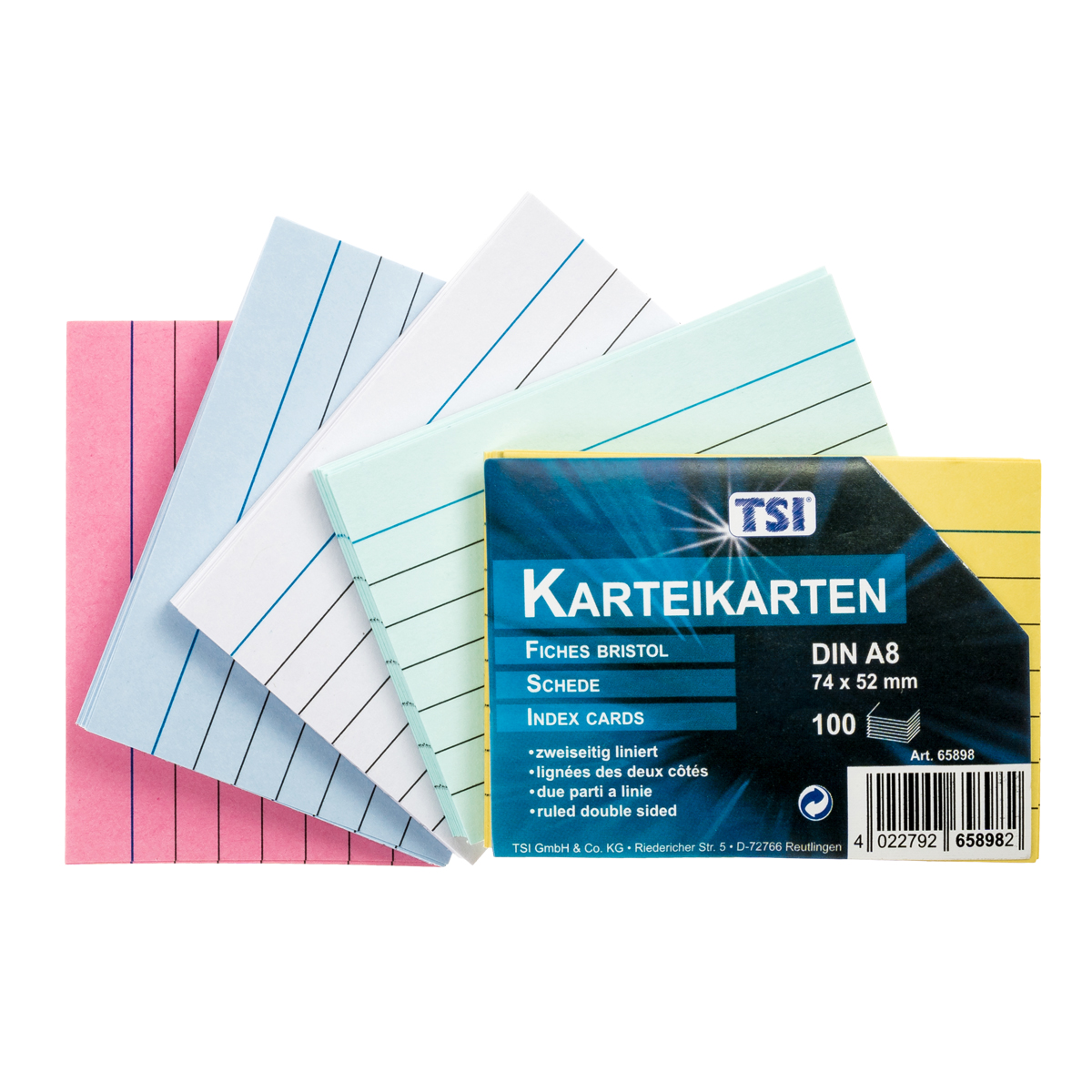 Karteikarten A8 liniert 100er Packung. farbig
