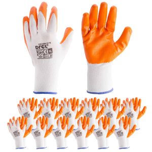12 Paar Arbeitshandschuhe Nitril. Gr. 10/XL. weiß-orange. EN388 – Set