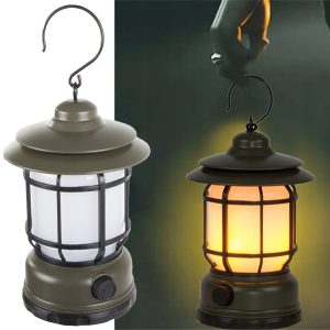 Retro LED-Laterne oliv. Akku. warmes Flammen- und dimmbares weißes Licht