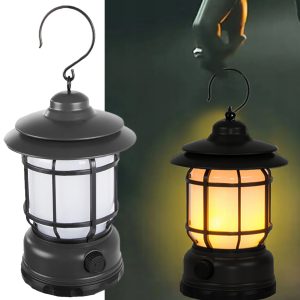 Retro LED-Laterne schwarz. Akku. warmes Flammen- und dimmbares weißes Licht