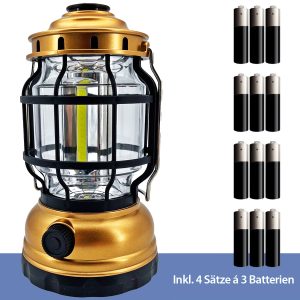 Camping-Laterne dimmbar Gold. COB-LED inkl.12 AA Batterien