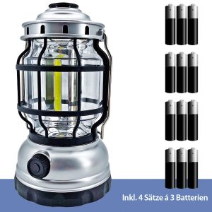 Camping-Laterne dimmbar Silber. COB-LED inkl.12 AA Batterien