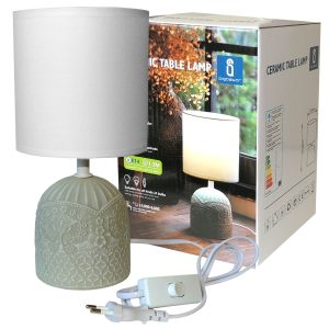Tischlampe Keramik Dekor mit weißem Lampenschirm. E14. 230V
