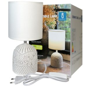 Tischlampe Keramik Dekor mit weißem Lampenschirm. E14. 230V