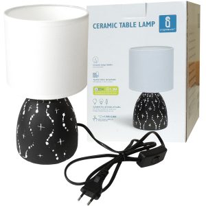 Tischlampe Keramik Dekor mit weißem Lampenschirm. E14. 230V