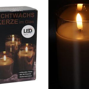 LED Echtwachskerze im Glas „3D Flamme“ 7.5x15cm. Timer