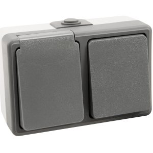 Feuchtraum Schalter + Steckdose Secure Serie. IP44. horizontal grau