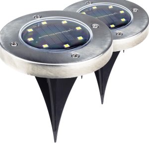 LED Solar-Bodenleuchten rund. 2er Set. Edelstahl
