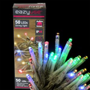 Lichterkette 50 farbige LED 5.20m mit Timer. IP44