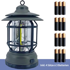 Retro Camping-Laterne oliv-grün. COB-LED inkl 12 AA-Batterien