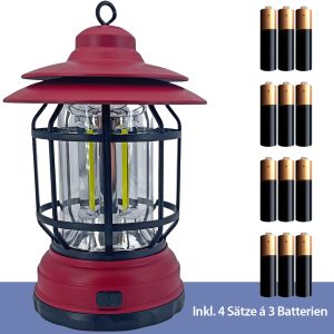 Retro Camping-Laterne rot. COB-LED inkl 12 AA-Batterien