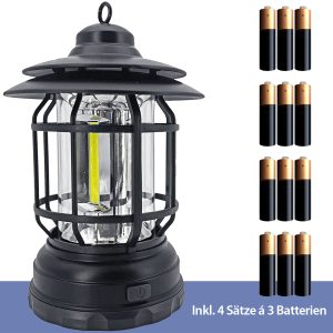 Retro Camping-Laterne schwarz. COB-LED inkl 12 AA-Batterien
