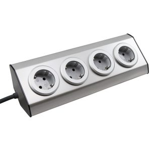 Steckdosenblock „Premium“ Edelstahl. 4-fach Schutzkontakt. 1.5m Kabel