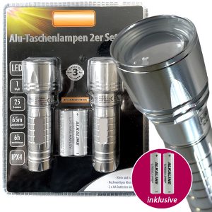 Alu-Taschenlampe 2er Set. IP44. 2x AA Batterie inkl.