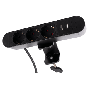 Tisch-Steckdosenleiste 3-fach. mit Klemme. 2 USB-Ladeanschlüsse