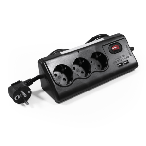 Tischsteckdose 3-fach mit 2 USB-Ladeanschlüssen. Schwarz