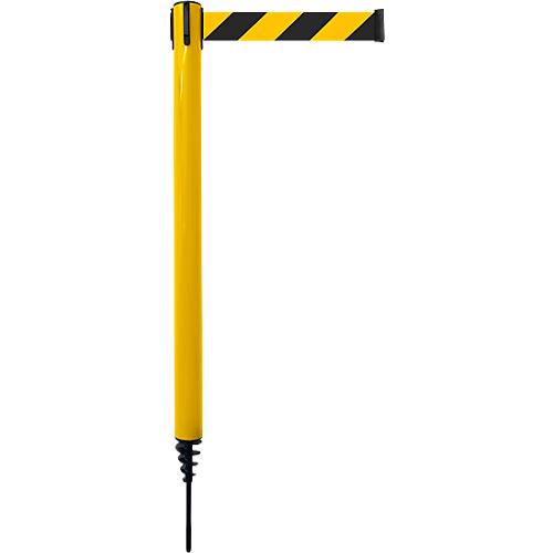 Absperrpfosten GLA 24, L 350 x B 350 x H 1250 mm, mit Erdspieß, Gurtauszug 4 m, gelb