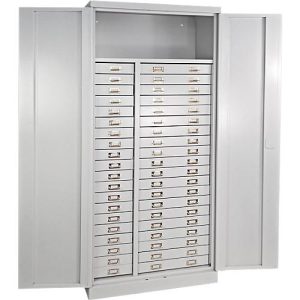 ADB Schubladenschrank, 40 Schubladen, 1 Ablageboden, 2-Punkt-Verriegelung, Stahlausführung, H 1790 x B 800 x T 410 mm, lichtgrau RAL 7035