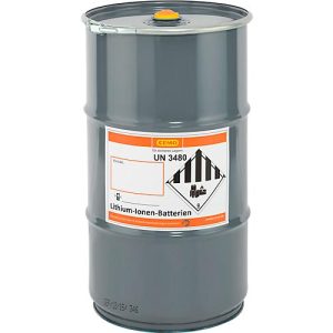 Akku-Sicherheitstonne CEMO, Stahl grau, Ø 382 x H 680 mm, 60 l, inkl. Puffer-/Füllmaterial ca. 30 Liter