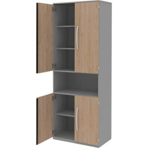 Aktenschrank BARI, 6 OH, 3 Böden, 1 offenes Fach, B 819 x T 430 x H 2174 mm, Eiche-Dekor/mittelgrau
