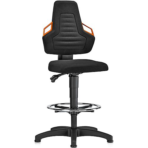 Arbeitsdrehstuhl, Gleiter + Fußring, Stoff schwarz, Griffe orange