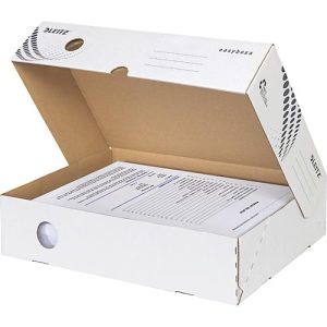 Archivboxen Leitz® Easyboxx 80, DIN A4, Aufbau-Automatik, Deckel, Griffloch Beschriftungsfeld, B 80 mm, weiß, 25 Stück