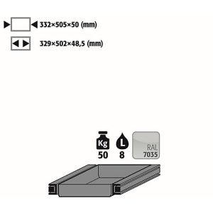 Auszugswanne Entsorgung für asecos Sicherheitsschränke der Q30, Q90, S90, K90 Serie, Stahlblech, lichtgrau, B 332 x T 505 x H 50 mm, 7,5 l, bis 50 kg