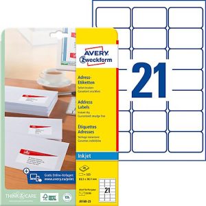 Avery Zweckform Adressetiketten J8160-25, geeignet für Inkjetdrucker, 63,5 x 38,1 mm, 525 Stück/25 A4-Bogen, 100 % FSC®-Papier, weiß Avery Zweckform Adressetiketten J8160-25, geeignet für Inkjetdrucker, 63,5 x 38,1 mm, 525 Stück/25 A4-Bogen, 100 % FSC®-Papier, weiß