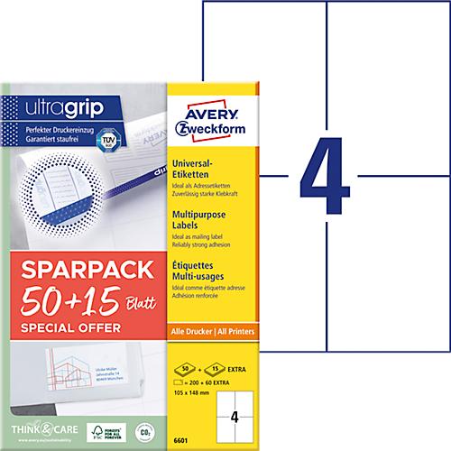 Avery Zweckform Etiketten 6601, universal, ultragrip, geeignet für Inkjet- & Laserdrucker, 105 x 148 mm, 260 Stück/65 A4-Bogen, FSC®-Papier, weiß