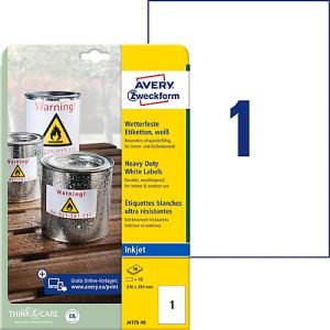 Avery® Zweckform Etiketten J4775, wetterfest, permanenthaftend, druckergeeignet, rechteckig, Polyester, matt weiß, 10 Stück auf 10 Blatt