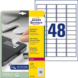 Avery Zweckform Etiketten L6113-20, fälschungssicher, extrem robust, 45,7 x 21,2 mm, 960 Stück/20 A4-Bogen, Folie, weiß Avery Zweckform Etiketten L6113-20, fälschungssicher, extrem robust, 45,7 x 21,2 mm, 960 Stück/20 A4-Bogen, Folie, weiß