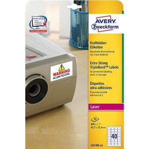 Avery Zweckform Etiketten L6140-20, extra stark haftend, geeignet für Laserdrucker, 45,7 x 25,4 mm, 800 Stück/20 A4-Bogen, Polyesterfolie, weiß Avery Zweckform Etiketten L6140-20, extra stark haftend, geeignet für Laserdrucker, 45,7 x 25,4 mm, 800 Stück/20 A4-Bogen, Polyesterfolie, weiß