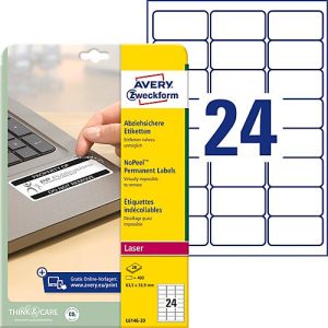 Avery Zweckform Etiketten L6146-20, fälschungssicher, extrem robust, geeignet für SW-Laserdrucker, 63,5 x 33,9 mm, 480 Stück/20 A4-Bogen, Acrylfolie, weiß Avery Zweckform Etiketten L6146-20, fälschungssicher, extrem robust, geeignet für SW-Laserdrucker, 63,5 x 33,9 mm, 480 Stück/20 A4-Bogen, Acrylfolie, weiß