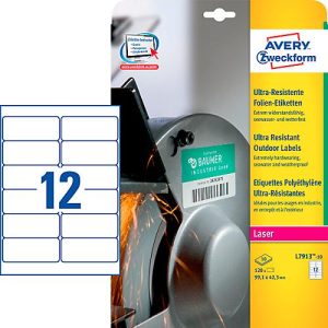 Avery Zweckform Etiketten L7913-10, ultraresistent, geeignet für Laserdrucker, 99,1 x 42,3 mm, 120 Stück/10 A4-Bogen, Polyethylen-Folie, weiß