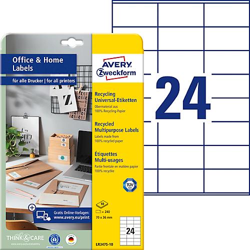 Avery® Zweckform Etiketten LR3475-10, A4, universell, permanenthaftend, druckergeeignet, Recycling-Papier, rechteckig, naturweiß, 240 Stück auf 10 Bogen