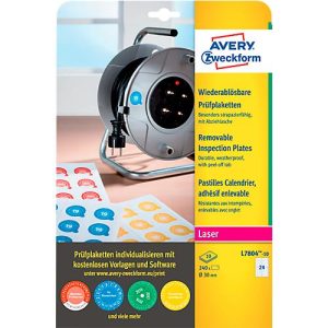 Avery Zweckform Prüfplakette L7804-10, wiederablösbar, extrem robust, geeignet für Laserdrucker, Ø 30 mm, 240 Stück/10 A4-Bogen, Folie, weiß