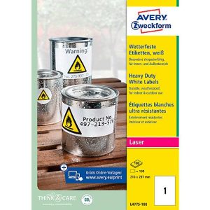 AVERY® Zweckform Wetterfeste Folien-Etiketten L4775-100, 210 x 297 mm, permanent, weiß AVERY® Zweckform Wetterfeste Folien-Etiketten L4775-100, 210 x 297 mm, permanent, weiß