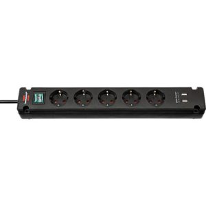 Brennenstuhl Bremounta Steckdosenleiste, 5-fach, 2 USB-Anschlüsse, 90°-Anordnung, 3 m Kabel, Sicherheitsschalter, L 80 x B 430 x T 70 mm, schwarz