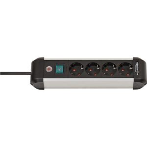 Brennenstuhl Premium-Alu-Line Steckdosenleiste, 4-fach, Aluminium, 1,8m Kabel, beleuchteter Sicherheitsschalter, 45°-Anordnung, schwarz/silber