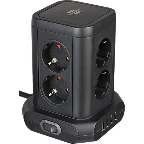 Brennenstuhl Steckdosenturm, 8-fach, 4 USB-Ladebuchsen, 45°-Anordnung, Ein-/Ausschalter, 2 m Kabel, schwarz