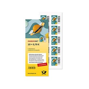 Briefmarken Deutsche Post Motiv „Brief auf Umlaufbahn“, Wert 0,70 €, für Postkarten national, selbstklebend, Set mit 10 Stück Briefmarken Deutsche Post Motiv „Brief auf Umlaufbahn“, Wert 0,70 €, für Postkarten national, selbstklebend, Set mit 10 Stück