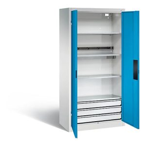 C+P Akkuladeschrank Basic mit Vollblechtüren und Schubladenblock, H 1950 x B 930 x T 500 mm, Lichtgrau/Rubinrot C+P Akkuladeschrank Basic mit Vollblechtüren und Schubladenblock, H 1950 x B 930 x T 500 mm, Lichtgrau/Rubinrot