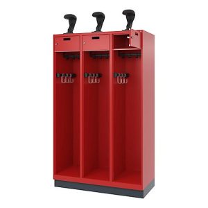 C+P Feuerwehrspind Evolo, Modell PRAKTUS, 3 Abteile, H 1950 x B 1200 x T 500 mm, Sockel, feuerrot RAL 3000