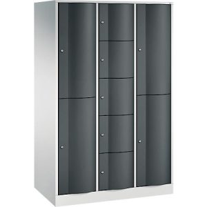 C+P Kombi-Schließfachschrank Resisto, 3 Abteile, 9 Fächer, B 1148 x T 640 x H 1950 mm, Lichtgrau/Anthrazitgrau