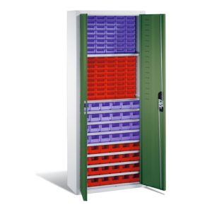 C+P Magazinschrank mit 138 Sichtlagerkästen, H1690xB700xT300mm Front Resedagrün Korpus Lichtgrau