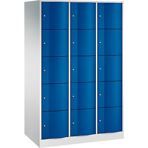 C+P Schließfachschrank Resisto, 3 Abteile, 15 Fächer, B 1148 x T 640 x H 1950 mm, Lichtgrau/Rubinrot