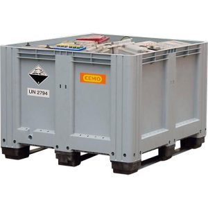Cemo Altbatterie-Box, Hart-Polyethylen (PEHD), grau/orange, B 1200 x T 1000 x H 760 mm, 610 l, bis 600 kg
